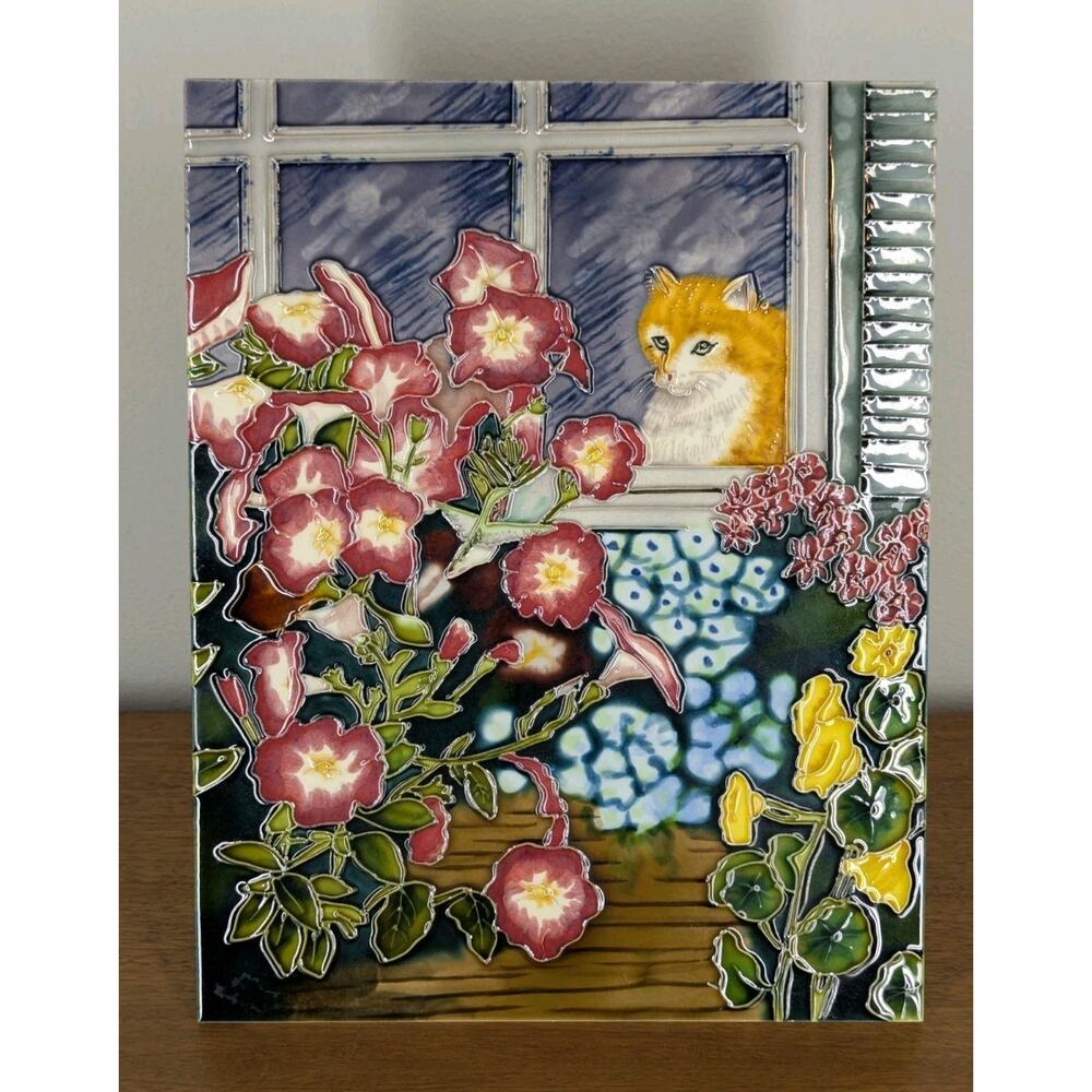 BENAYA Tile Art Plaque Flowers & Cat In Window 11" x 14" With Original Box